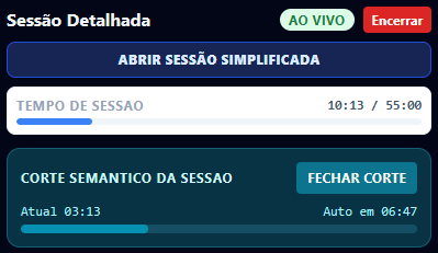 Painel de sessão ao vivo do FROID, com tempo de sessão e corte semântico em andamento.