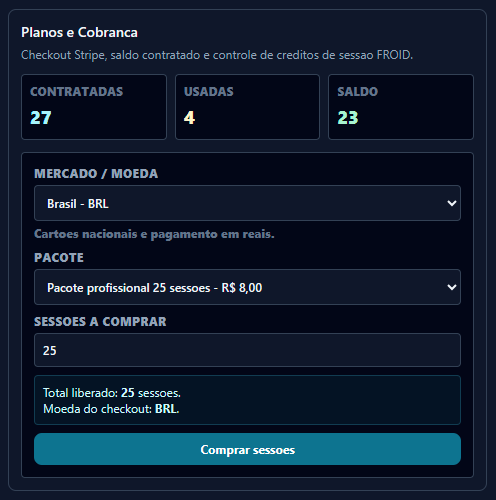 Painel de planos e cobrança do FROID: créditos contratados, usados e saldo.
